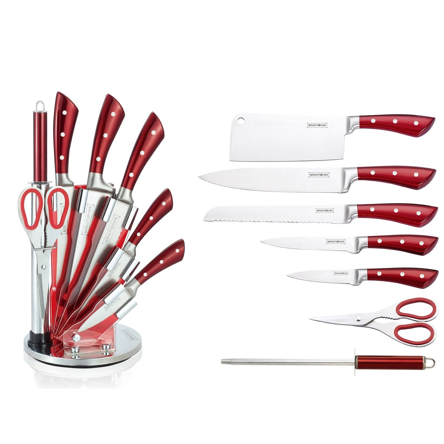 Royalty Line 8-Piece Stainless Steel Knife Set with Stand - RL-KSS810 Burgundy
